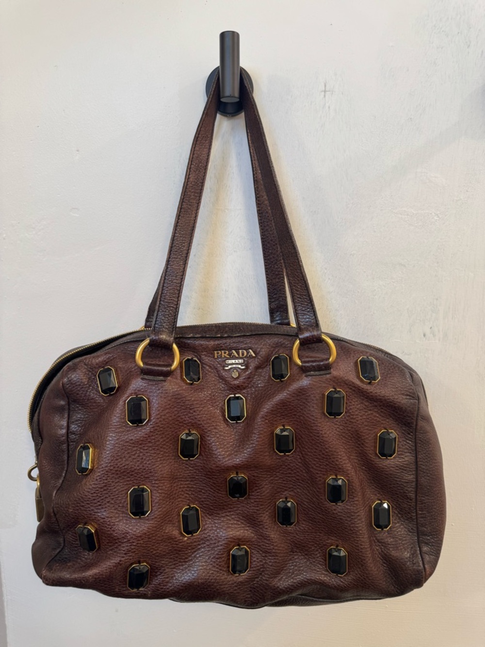 Prada Vitello Daino Jeweled Leather Tote - Brown - Picture 2 of 5
